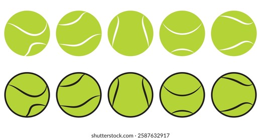 Ten Green tennis ball collection vector isolated on white, simple tennis ball for logo, app.