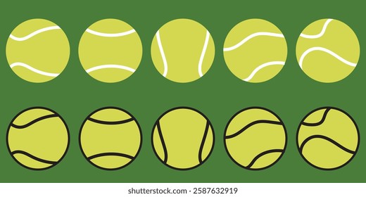 Ten Green tennis ball collection vector isolated on white, simple tennis ball for logo, app.