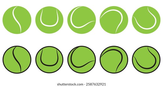 Ten Green tennis ball collection vector isolated on white, simple tennis ball for logo, app.