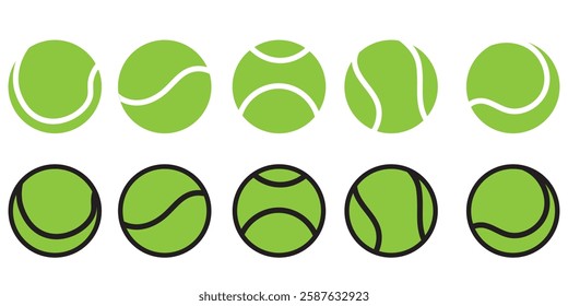 Ten Green tennis ball collection vector isolated on white, simple tennis ball for logo, app.