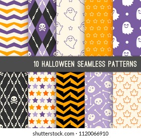 Ten Halloween different seamless patterns. Endless texture for wallpaper, web page background, wrapping paper and etc. Skulls, bones, ghost and maple leaves