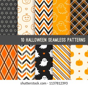 Ten Halloween different seamless patterns. Endless texture for wallpaper, web page background, wrapping paper and etc. Cute pumpkin and  smiling ghost, stripes, zigzag