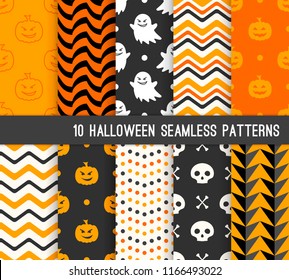 Ten Halloween different seamless patterns. Endless texture for wallpaper, web page background, wrapping paper and etc. Evil pumpkin and scary ghost, skull, stripes, zigzag