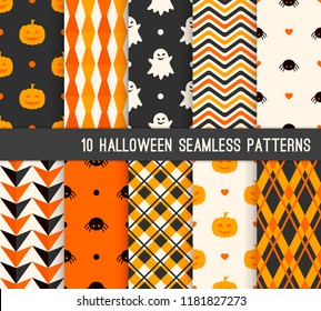 Ten Halloween different seamless patterns. Endless texture for wallpaper, web page background, wrapping paper and etc. Pumpkin and smiling ghost, spider, stripes, checkered template