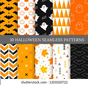 Ten Halloween different seamless patterns. Endless texture for wallpaper, web page background, wrapping paper and etc. Smiling cute ghosts, triangles, bat and color maple leaves