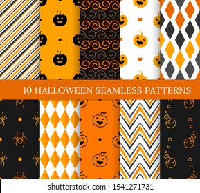 Ten Halloween different seamless patterns. Endless texture for wallpaper, web page background, wrapping paper and etc. Smiling cute pumpkins, spiders, potions, zigzags and spirals