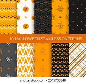 Ten Halloween different seamless patterns. Endless texture for wallpaper, web page background, wrapping paper and etc. Smiling cute pumpkins, spiders and webs, waves and lines