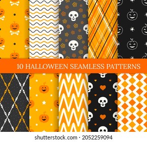 Ten Halloween different seamless patterns. Endless texture for wallpaper, web page background, wrapping paper and etc. Smiling pumpkins and skulls, spiders, bones, waves and lines