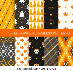 Ten Halloween different seamless patterns. Endless texture for wallpaper, web page background, wrapping paper and etc. Smiling pumpkins and ghosts, skulls, bones, leaves and lines