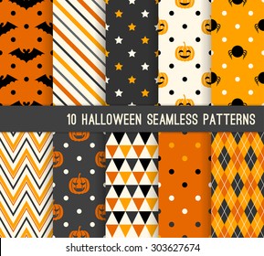 Ten Halloween different seamless patterns. Endless texture for wallpaper, web page background, wrapping paper and etc. Retro style. 