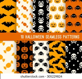 Ten Halloween different seamless patterns. Endless texture for wallpaper, web page background, wrapping paper and etc. Pumpkin, bat, skull, spider and candy.