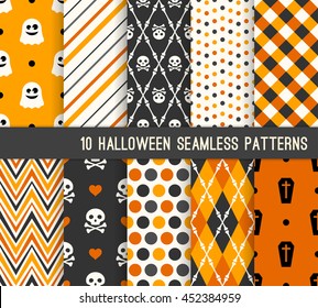 Ten Halloween different seamless patterns. Endless texture for wallpaper, web page background, wrapping paper and etc. Ghost, skull, bones and coffin.