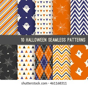 Ten Halloween different seamless patterns. Endless texture for wallpaper, web page background, wrapping paper and etc. Ghost, bones and spider web