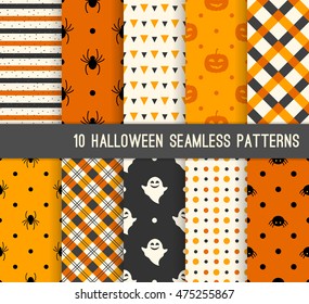 Ten Halloween different seamless patterns. Endless texture for wallpaper, web page background, wrapping paper and etc. Pumpkin and spiders