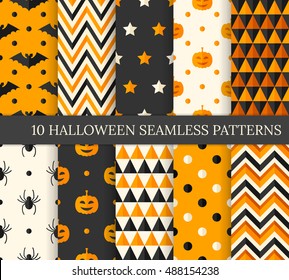 Ten Halloween different seamless patterns. Endless texture for wallpaper, web page background, wrapping paper and etc. Flat style. Pumpkins, bats and spiders.