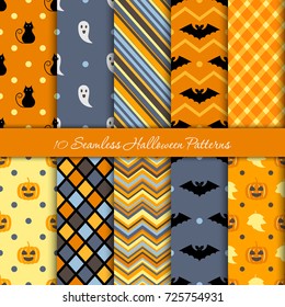 Ten Halloween different seamless patterns. Endless texture for wallpaper, web page background, wrapping paper and etc. Retro style.