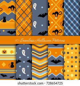 Ten Halloween different seamless patterns. Endless texture for wallpaper, web page background, wrapping paper and etc.