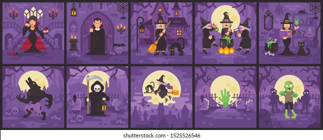 Ten Halloween scenes with witches, vampires, zombies, werewolves and Grim Reaper. Halloween flat illustration collection