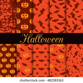 Ten Halloween seamless patterns. Pattern with Lamp Jack, witch with bats.
Halloween symbols. For wallpaper, bed linen, tiles, fabrics, backgrounds. Vector illustration.