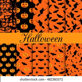 Ten Halloween seamless patterns. Pattern with Lamp Jack, witch with bats.
Halloween symbols. For wallpaper, bed linen, tiles, fabrics, backgrounds. Vector illustration.