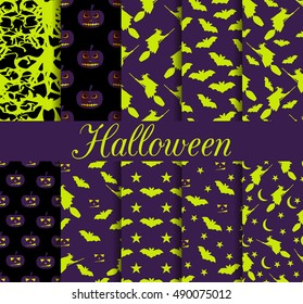 Ten Halloween seamless patterns. Pattern with Lamp Jack, witch with bats. Halloween symbols. For wallpaper, bed linen, tiles, fabrics, backgrounds. Vector illustration.