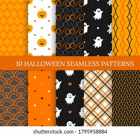 Ten Halloween seamless patterns. Set of black and orange backgrounds 