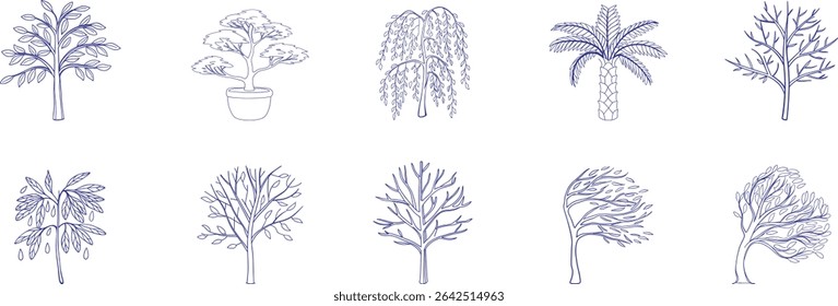 Dez ilustrações de árvores desenhadas à mão em estilo de linha elegante com diversas espécies, incluindo bonsai, salgueiro e palma. Ideal para designs com temas naturais, planos paisagísticos e visuais educacionais.