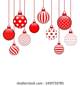 Ten Hanging Christmas Baubles With Different Pattern Red And White