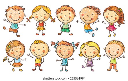 Ten happy cartoon kids colored in a doodle style/pencil imitation, no gradients, isolated