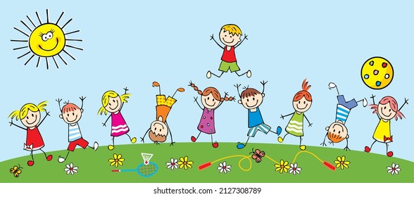 Ten happy jumping sports kids in meadow, vector illustration