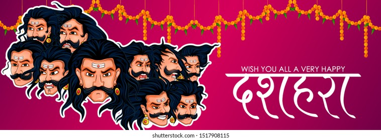 Ten headed Ravana with Hindi text meaning Happy Dussehra festival background in vector