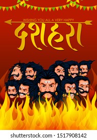 Ten headed Ravana with Hindi text meaning Happy Dussehra festival background in vector