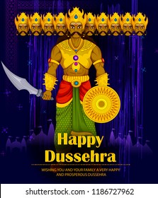 Ten headed Ravana on Happy Dussehra festival background in vector