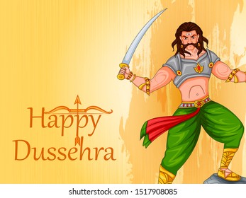 Ten headed Ravana on Happy Dussehra festival background in vector