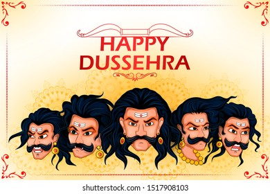 Ten headed Ravana on Happy Dussehra festival background in vector