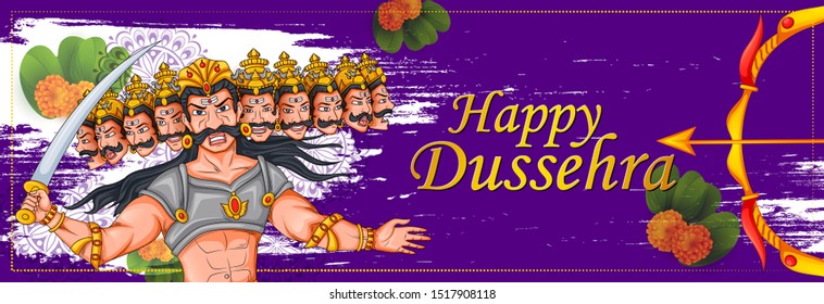 Ten headed Ravana on Happy Dussehra festival background in vector