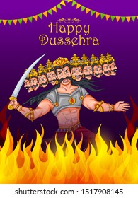 Ten headed Ravana on Happy Dussehra festival background in vector
