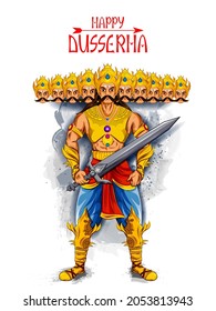 Ten headed Ravana on Happy Dussehra festival background in vector