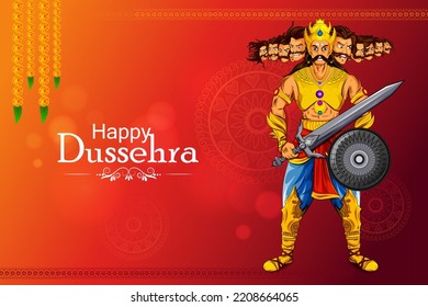 Ten headed Ravana on Happy Dussehra festival background in vector