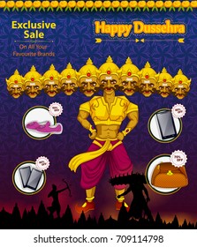 Ten headed Ravana wishing Happy Dussehra festival of India on Sale and Promotion background in vector