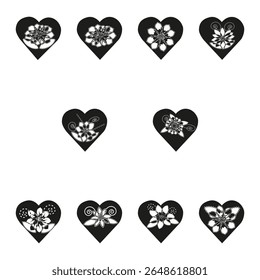 Dez formas de coração. Cada um apresenta flores. Designs de vetores monocromáticos. Detalhes da espiral floral.