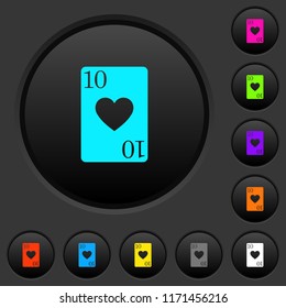 Ten of hearts card dark push buttons with vivid color icons on dark grey background