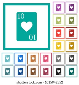 Ten of hearts card flat color icons with quadrant frames on white background