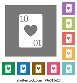 Ten of hearts card flat icons on simple color square backgrounds