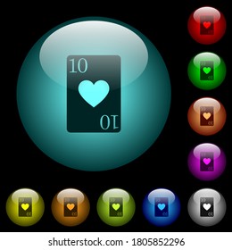 Ten of hearts card icons in color illuminated spherical glass buttons on black background. Can be used to black or dark templates