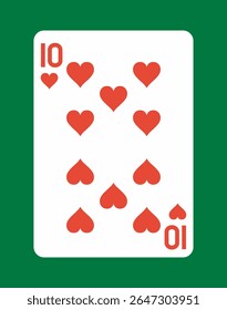 Dez de corações jogando cartas com símbolos de coração vermelho em estilo gráfico plano em um fundo verde, representando jogos de azar, cassino e design de cartas. Ilustração vetorial