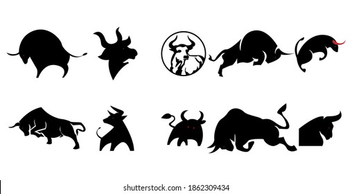 ten icons, logo, bull cow, buffalo, simple design silhouette set
vector eps 10