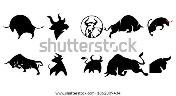 ten icons, logo, bull cow, buffalo,\
simple design silhouette set\
vector eps\
10