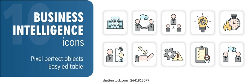 Ten icons are representing business intelligence, analytics, strategy and development