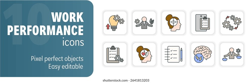 Ten icons representing a businesswoman improving her work performance, using checklists and brainstorming sessions